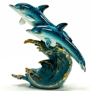 Collectible Blue Double Polyresin Dolphins On Wave Sculpture For Home