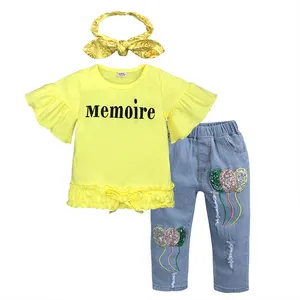 Yellow letter tops + paillette jeans 2 pcs girls summer boutique clothing kids clothing girls clothes set