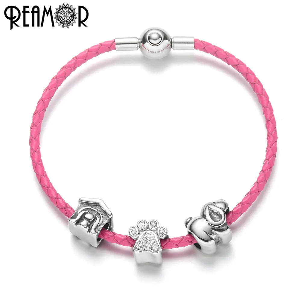 REAMOR Genuine Leather Zircon Dog Paw House Bead Women Pink Cute Bracelet For 2019 Rope Bangle Jewelry