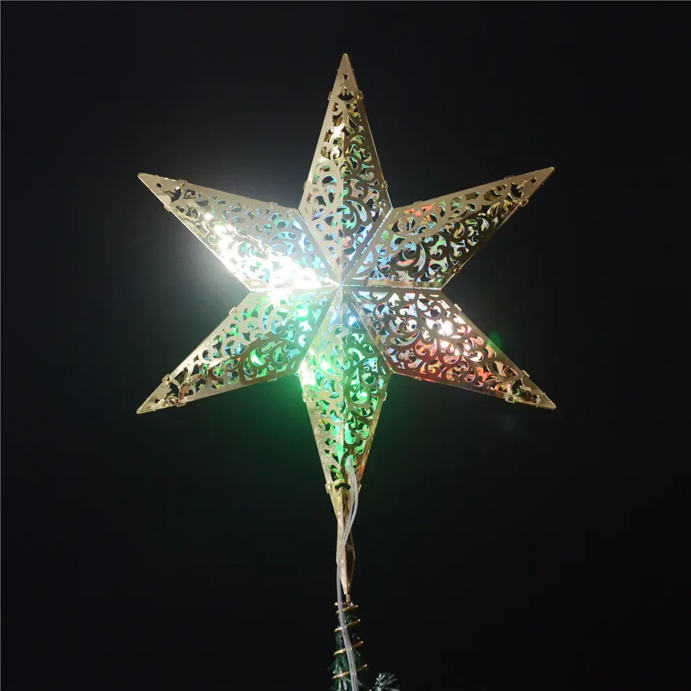 China Groothandel Metalen Holle 3D Ambachten Ornament Kerstboom Ster Topper Met Led Licht