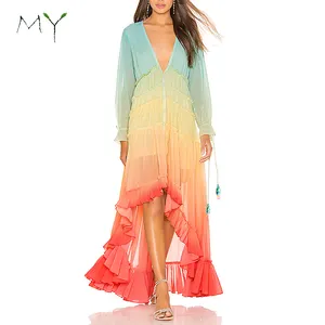 In-Stock แขนยาว Plunging V-Neck Tiered Ruffle Chiffon โบฮีเมีย Maxi ชุด