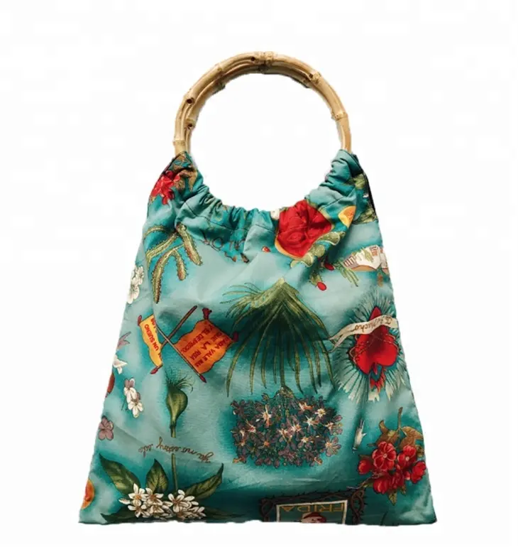 Toptan Eko Fantezi Geri Dönüşüm Lamine Bambu Kolu Bakkal Jüt El alışveriş çantası Bambu kolları tuval çiçek baskı logo çanta