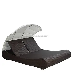 Modern Home Hotel Garden Double Bed Pe Rattan Chaise Lounge Canopy Outdoor Sunbed