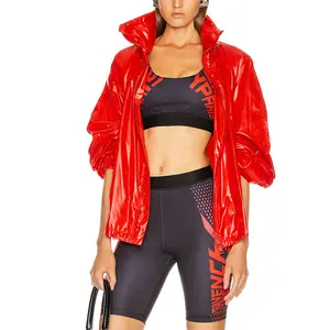 New Design Faux Leather Red Vinyl Drop Shoulder Optional Hoodie Casual Windbreaker Jacket Women