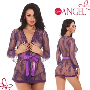 KISS ME ANGEL meilleure vente dentelle lingerie transparente évider sans armature ultra-mince pyjama femmes matures sexy nuisette