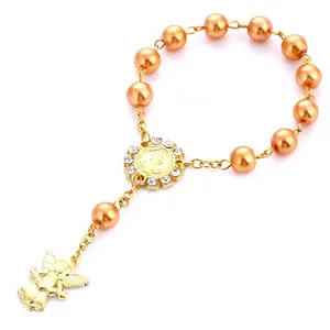 Wholesale Catholic Christian Rosary, Gold Angel Bracelet Orange Rosary