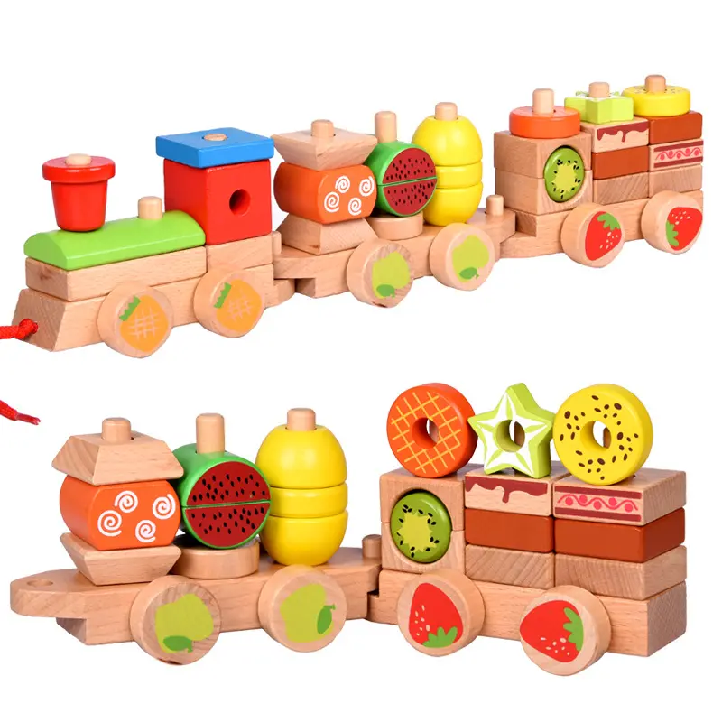 थोक के लिए शैक्षिक लकड़ी पहेली फल खींच ब्लॉक ट्रेन सेट खिलौने बच्चों WPT17