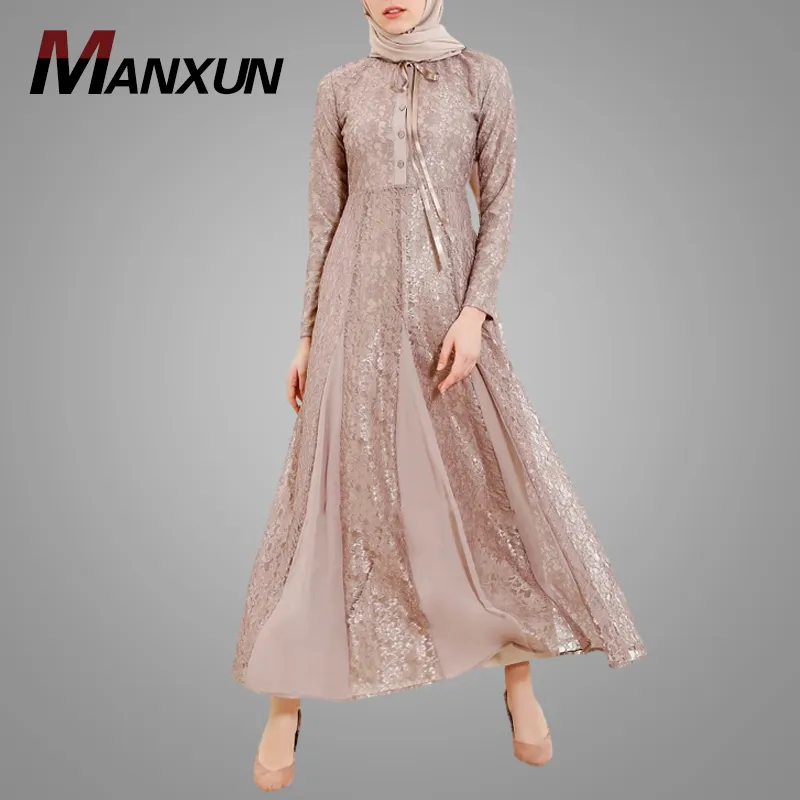 Latest Fashion Design Muslim Women Clothing Traditional Lace Style Long Sleeve Maxi Dress with Button Pakistan Kaftan Dresses