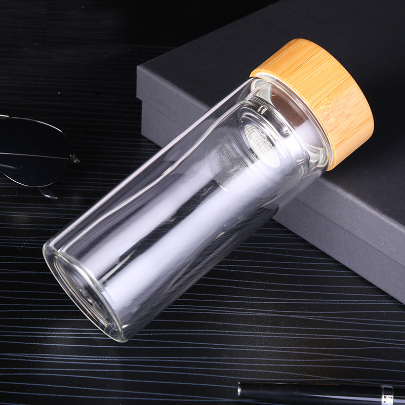 Double Wall Water Bottle with Bamboo Cover, Sport Glass Water Bottle With Filter