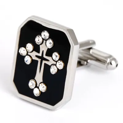 Jewel Encrusted Cross Symbol Men Shirt Silver Jewelry Cufflinks
