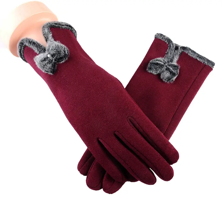 Großhändler Frauen Winter handschuhe Mode Bildschirm Touch Leder Bogen Schwarze Spitze Handgelenk Handschuhe für Mädchen Warme Fitness