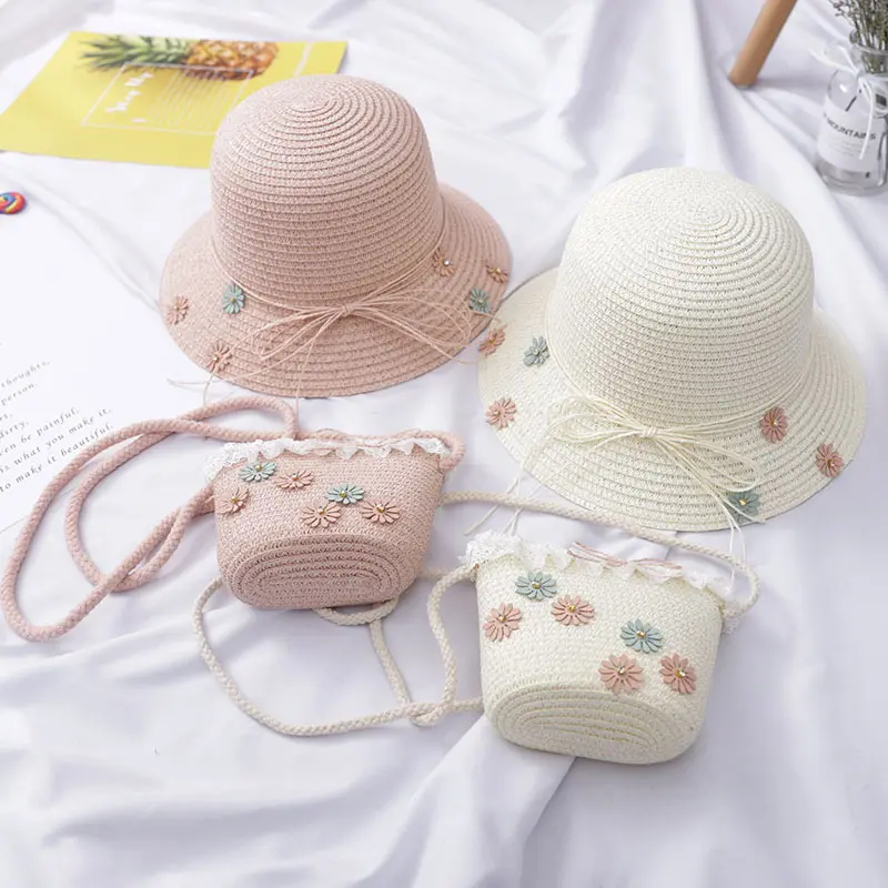 여름 귀여운 모자와 밀짚 가방 어린이 소녀 선물 비치 세트