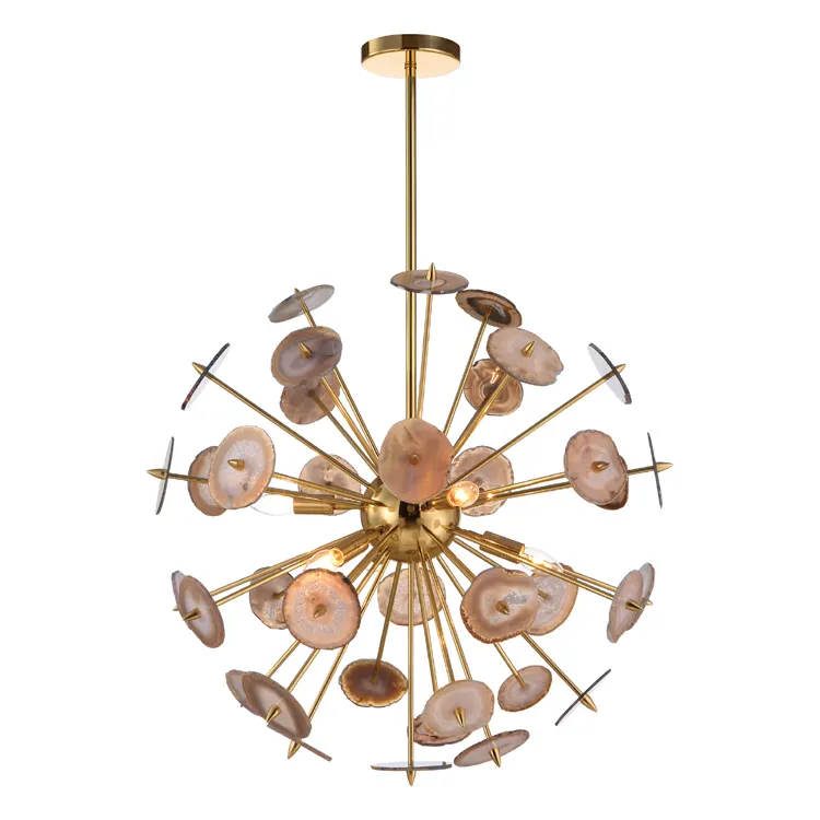 Phong Cách Nóng 6 Lights Đương Đại Sputnik Shining Brass Tự Nhiên Agate Vàng Chandelier Hiện Đại Cho Nhà Bếp Đảo Trang Trí