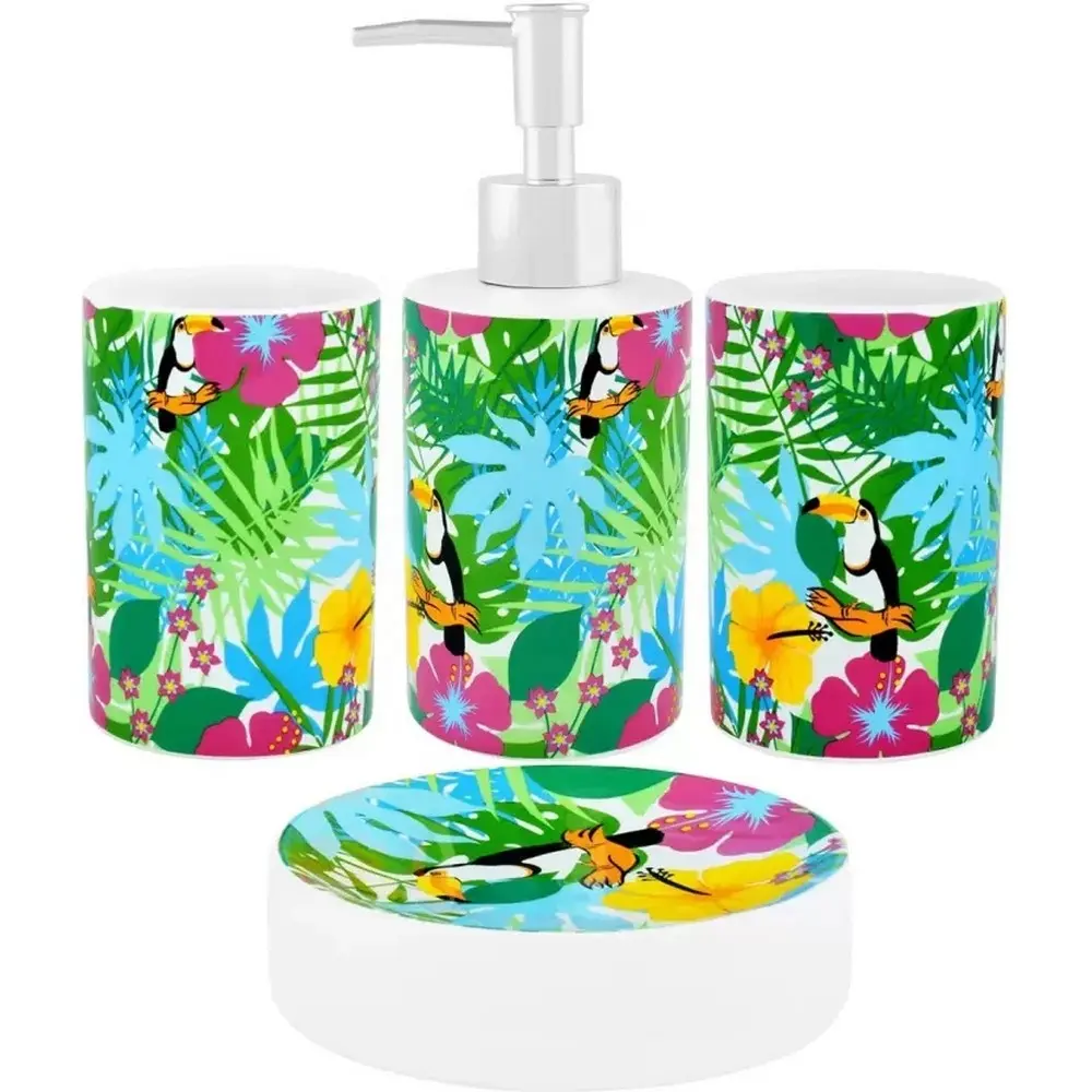 Beautiful Tropical Theme Cactus Print 4 piece Bathroom Set with Soap Dispenser Tumbler Cup Toothbrush Holder and Soap Dish
