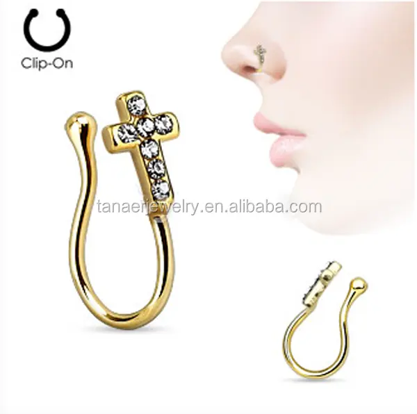 Fashion Stainless surgical steel Cross with Clear Gems Gold IP Non Piercing Nose Clip