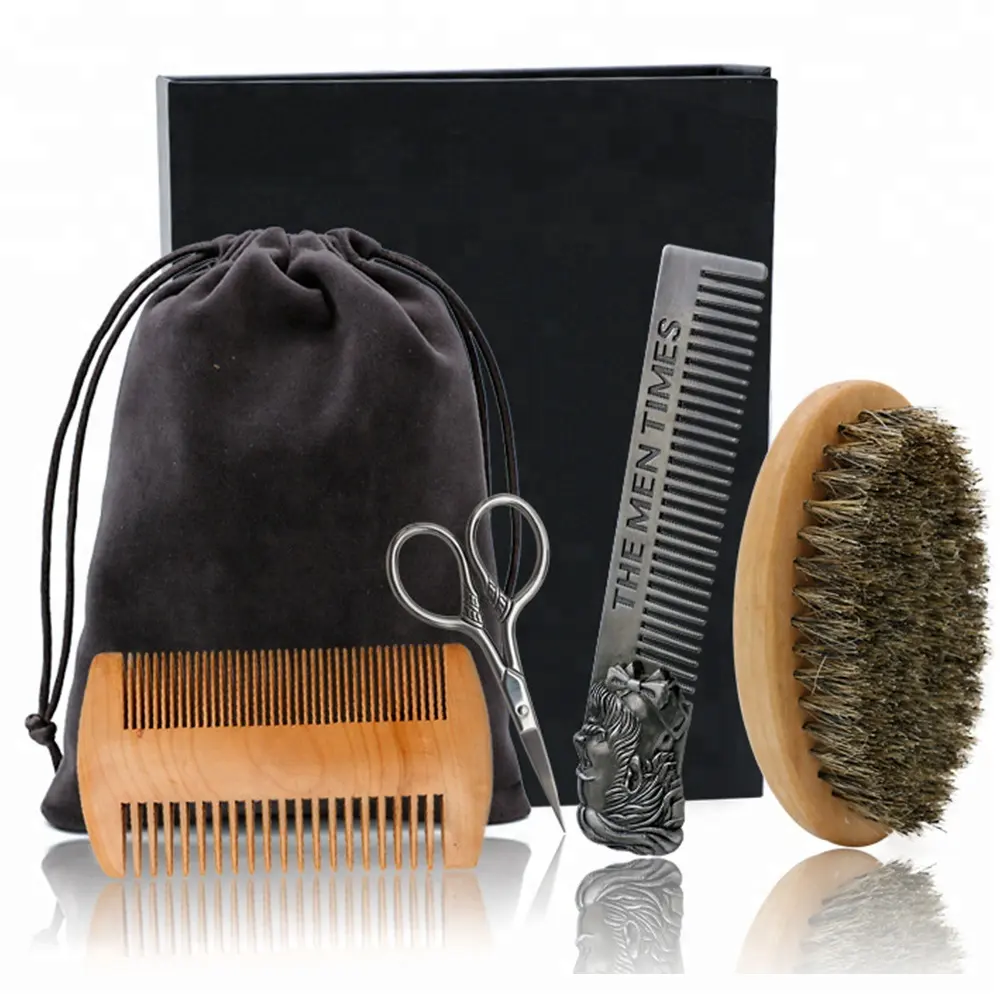 Kit de cuidado de barba para hombres, kit de aseo para Barba, cepillo y peine para Barba y tijeras profesionales para bigote, juego de regalo, herramienta de aseo de limpieza