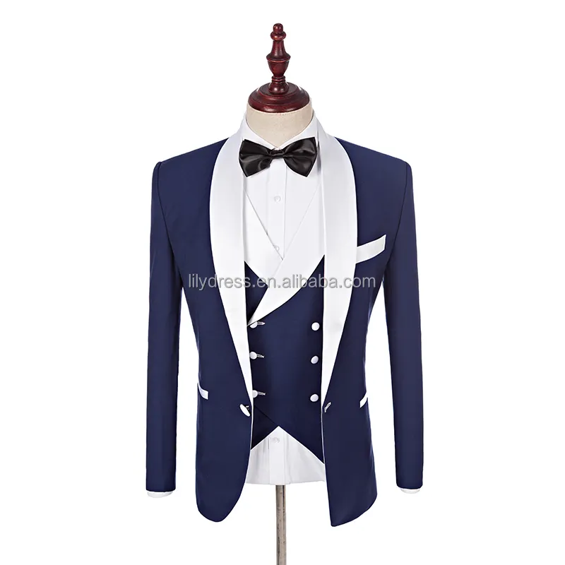 2022 Custom Made Groomsmen White Shawl Lapel Groom Tuxedos Blue Men Suits Wedding Best Man Blazer (Jacket+Pants+Vest+Bow Tie )