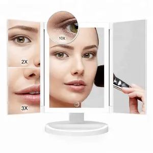 新款2020灯梳妆台三折方形三折USB充电3路10x 2X 3X放大化妆发光二极管定制镜子质量