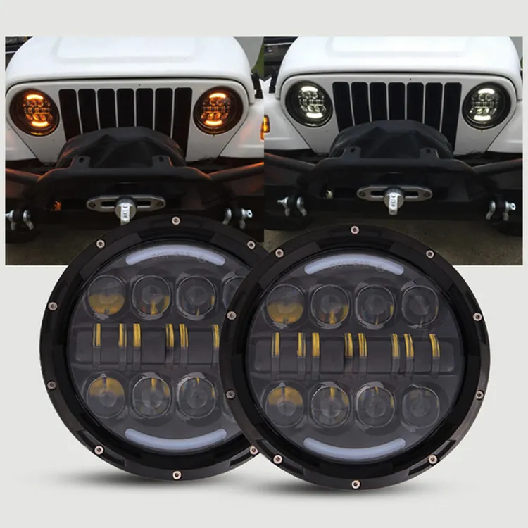 7" Round 12v haley LED Headlights White DRL / Amber Turn signal For Hummer H1 H2 H3 LED Projector DRL Lada niva 4x4