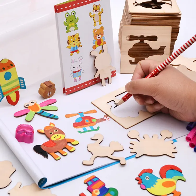 Kit Stensil Gambar Kayu Papan Potong Laser Mainan Gambar Anak-anak Permainan Isi Warna Doodle Templat Lukisan Anak-anak DIY