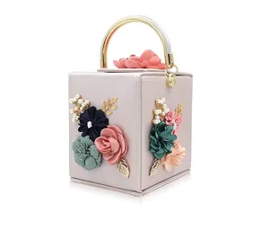 Women Floral Square Box Evening Bags Crossbody Shoulder handBags Flower Wedding Clutch Purse