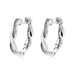SCE297 Authentic 100% 925 Sterling Silver Pink & Clear CZ Twist Of Fate Hoop Earrings for Women Fashion Earrings Jewelry