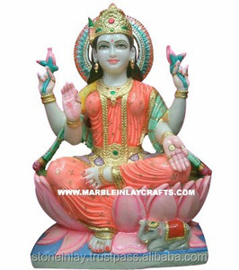 Estatua de mármol de la diosa India Laxmi Maa, estatua sentado en el loto - Product Image 1