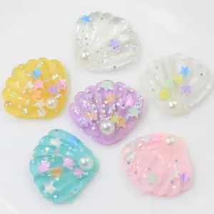 100 Buah Cangkang Glitter Resin Lucu Awan Cabochon Pipih Buatan dengan Cabochon Bintang untuk Anting-Anting Dekor Rumah Tema Laut