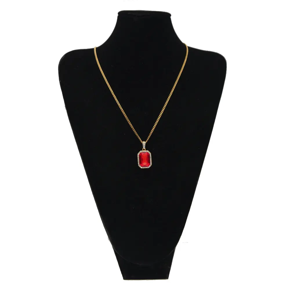 U-street Gold Plated Square Red Crystal Pendant Long Chain Necklace For Women Men