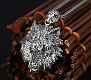 Cincin Vintage 925 Sterling <span class=keywords><strong>Silver</strong></span> Kustom Gaya Hip Hop Berukir Liontin Kepala Singa dan Serigala untuk Pria