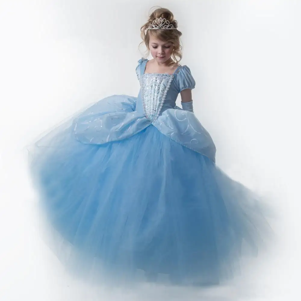 Gaun Anak Perempuan Renda Biru Muda Terbaru Gaun Pesta Pernikahan Pakaian Anak-anak Gaun Putri Pola Bunga