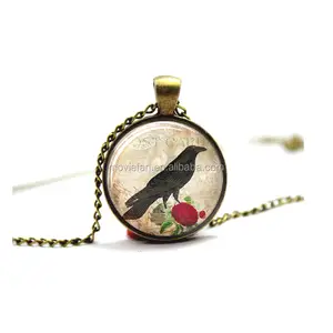 乌鸦和玫瑰吊坠乌鸦珠宝鸟珠宝玻璃照片凸圆形项链