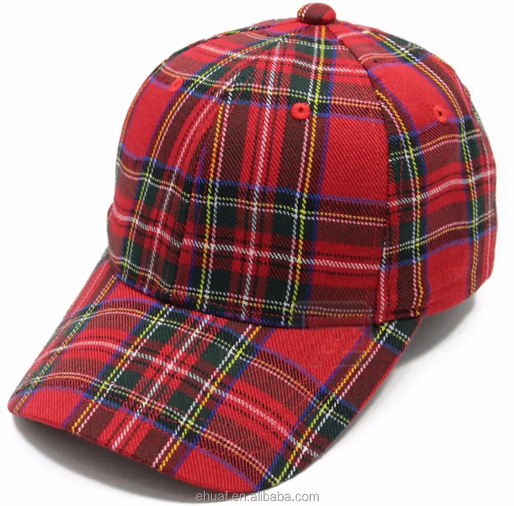 New adjustable strap closure peaked 6 panel structured baseball red grid plaid fashion caps hats