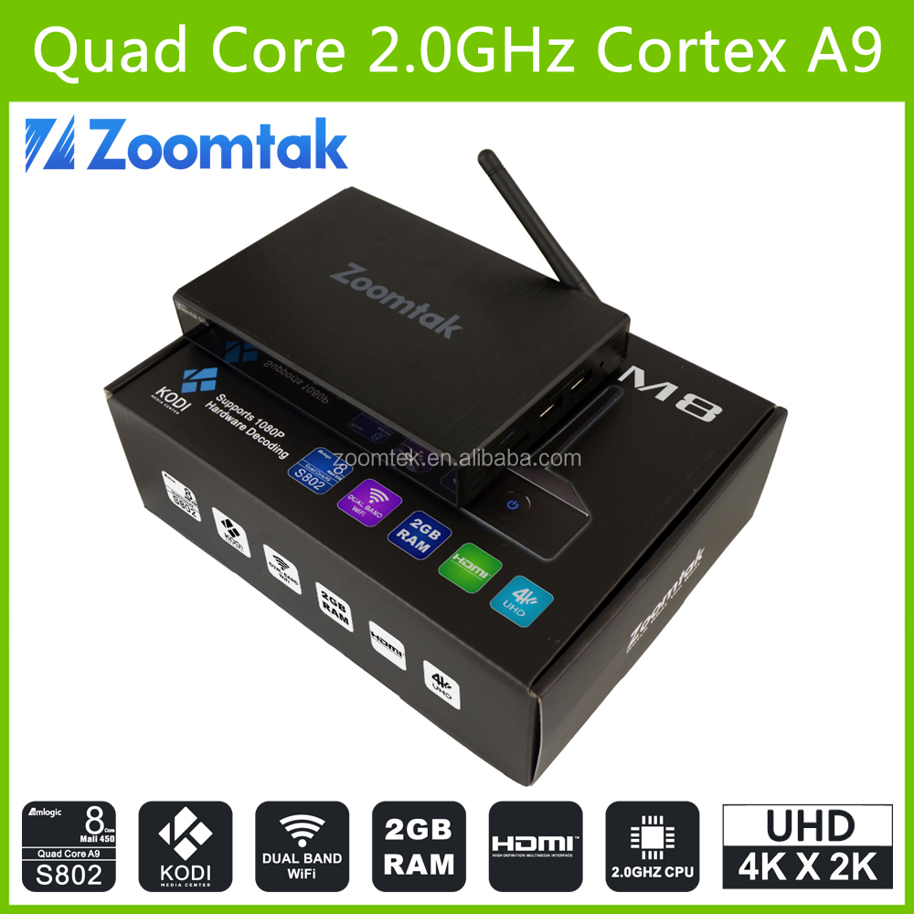 Barato 2 G RAM 8 G Flash Amlogic S802 quad core android m8 4 k ott tv box
