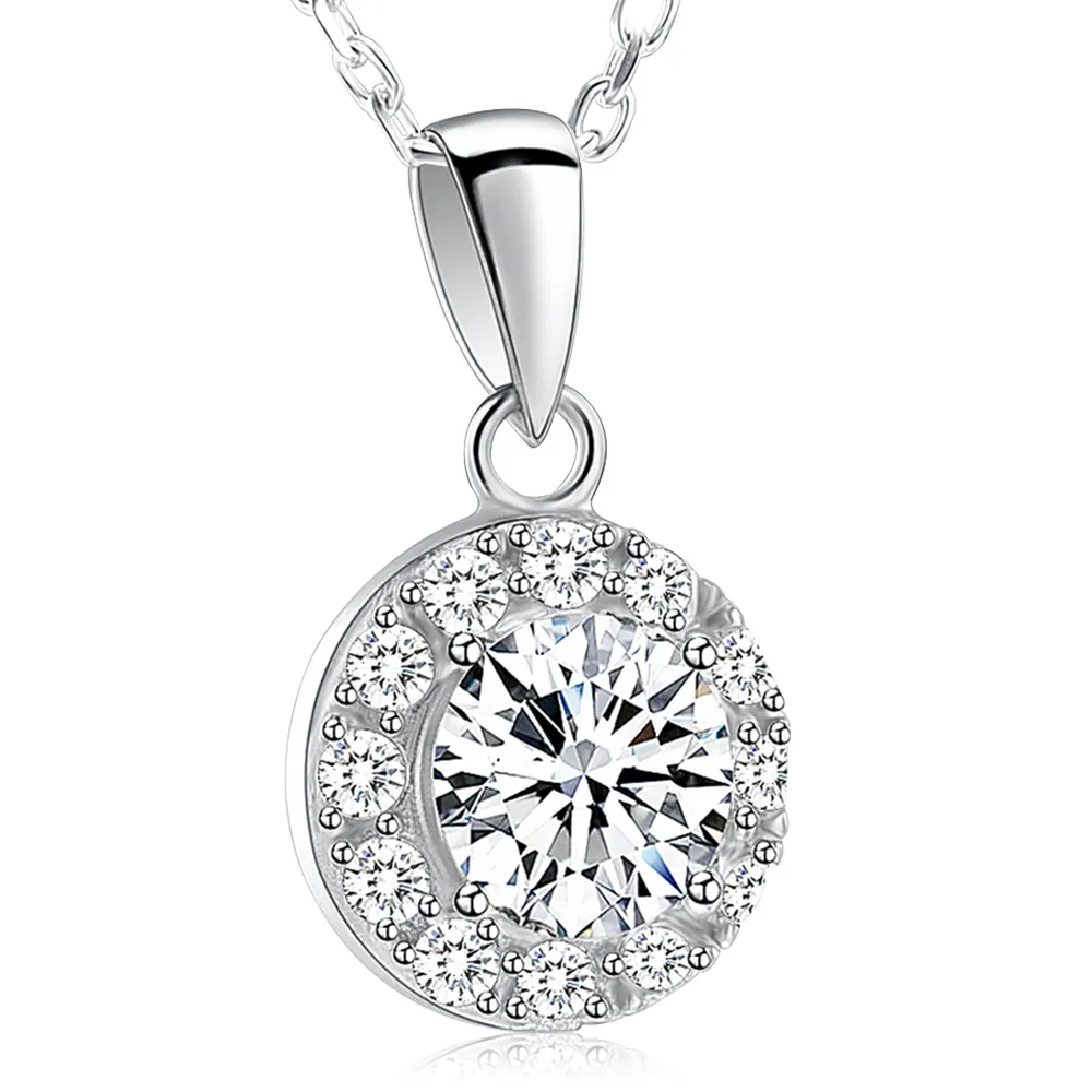 925 Sterling Silver Crystal Pendant Necklace S925 Crystal Heart Round Cubic Zirconia Jewelry (16+2inch Chain)