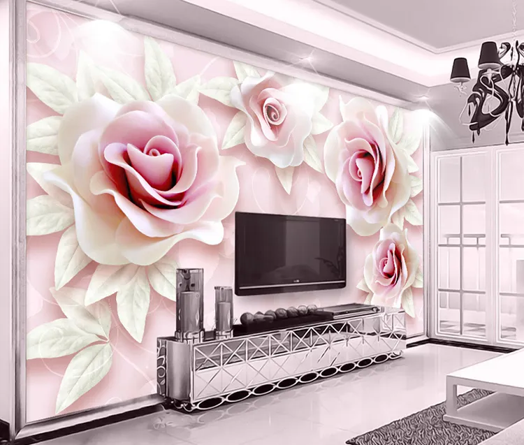 벽 종이 3d 꽃 벽지 홈 장식 양각 핑크 장미 벽 벽화