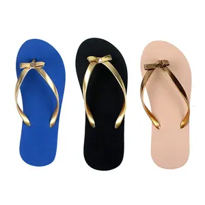 wholesale Custom design fancy pvc bowknot slipper with eva sole, shiny gold strap beach flip flop pink woman personalize