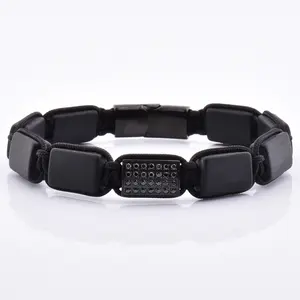 Wholesale Fashion Black Magnetic Clasp Onxy Flat Stone Bracelet for Men CZ Zincon Luxury Charm Bracelet