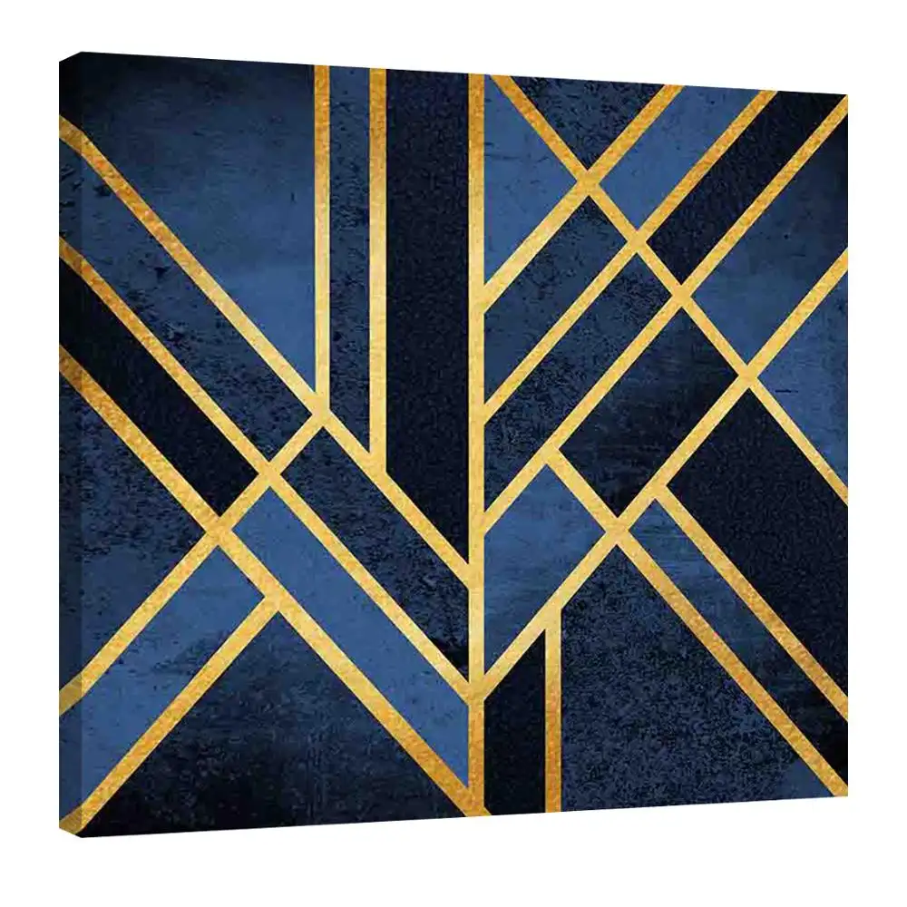 Blue geometric pattern gold line stretched canvas print wall art