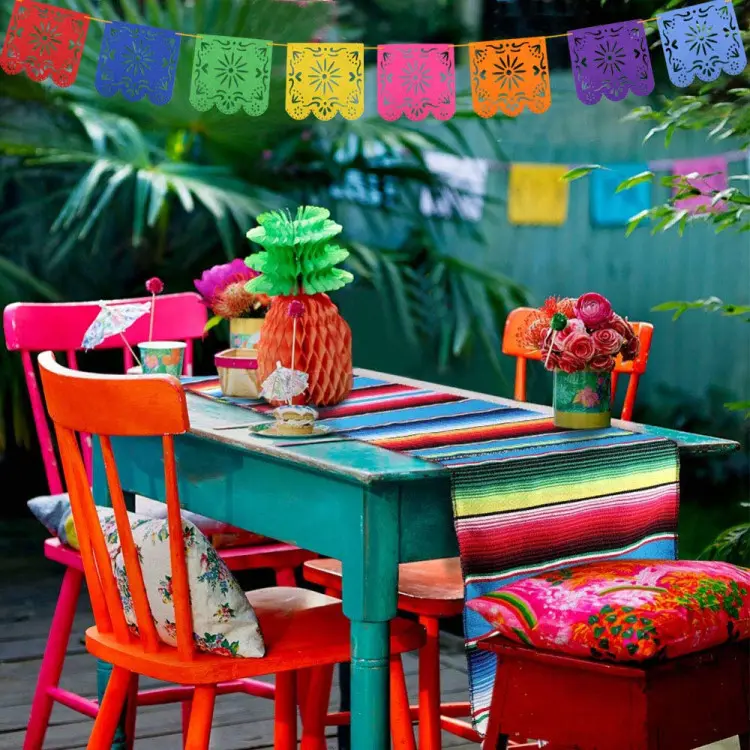 Mexican Table Runner Serape Blanket Cotton Colorful Fringe Table Runners with 8 Colors Picado Banners for Wedding