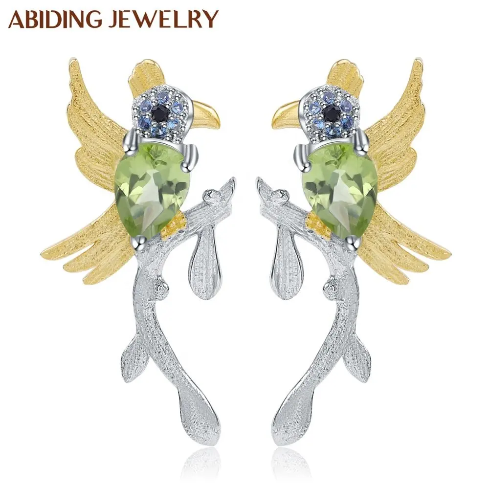 Abiding सही डिजाइन 925 स्टर्लिंग चांदी के झुमके प्राकृतिक Peridot रत्न प्यारा पक्षी कान की बाली स्नातक पार्टी के लिए
