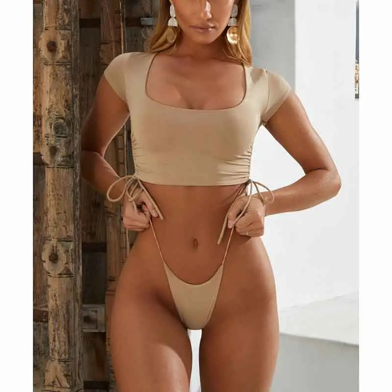 फैशन महिलाओं सेक्सी माइक्रो Swimwear के स्ट्रिंग 3 टुकड़े लघु आस्तीन धक्का पेटी बिकनी