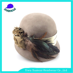 Nouveau Style Top Vente witner femmes église chapeaux lady bowler <span class=keywords><strong>cloche</strong></span> laine chapeau avec plume - Product Image 1