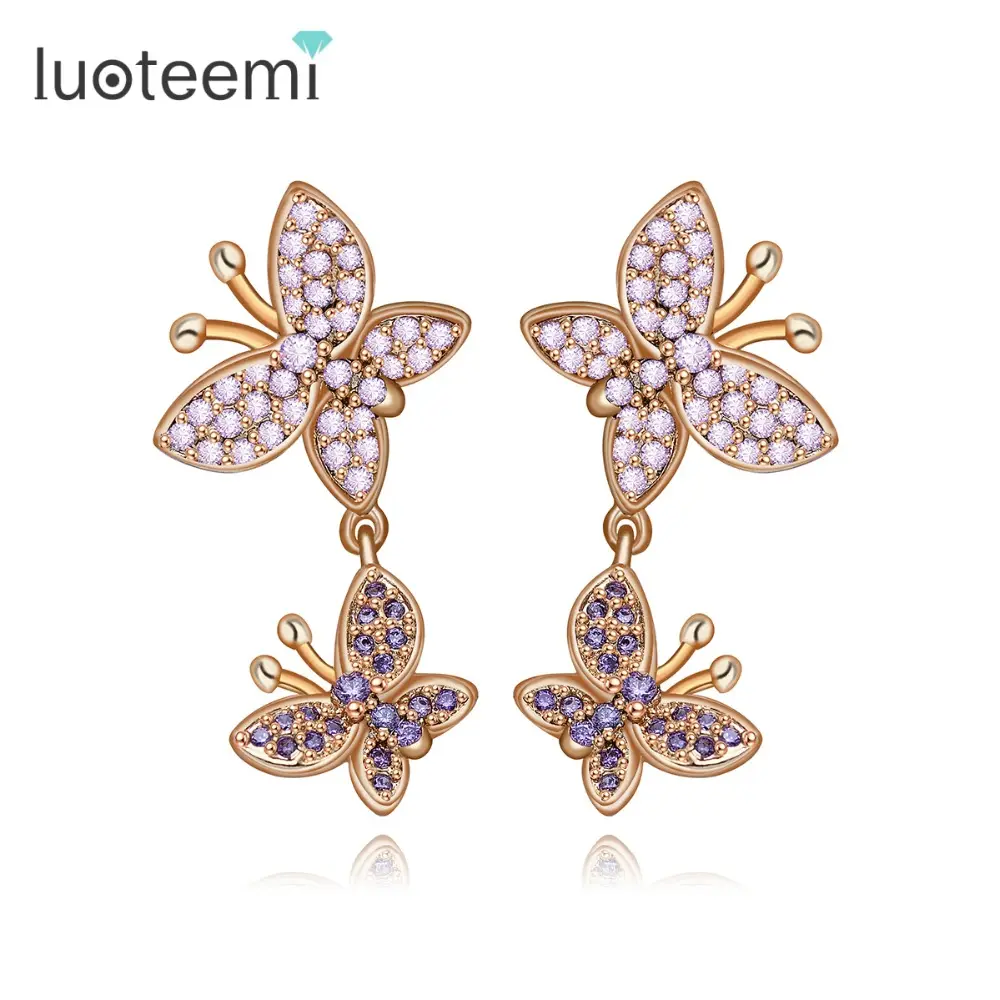 LUOTEEMI Wholesale Women Fashion 2個Dancing Butterfly Connected Animal Dangle Jewelry Earrings