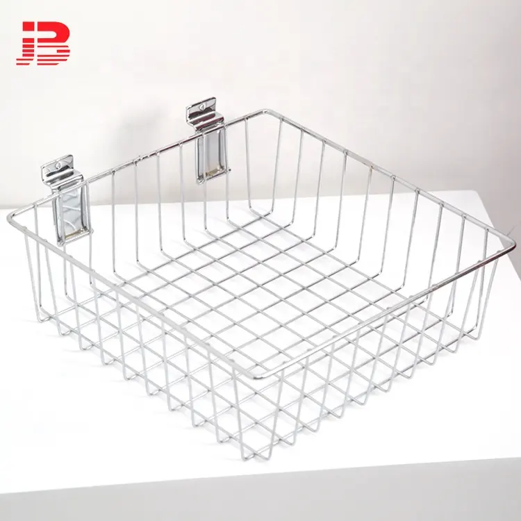 Slatwall chrome iron wire mesh hanging storage basket for supermarket and decorative