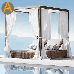 Cama de aluminio con dosel para jardín, tumbona de mimbre para playa, exterior, con dosel