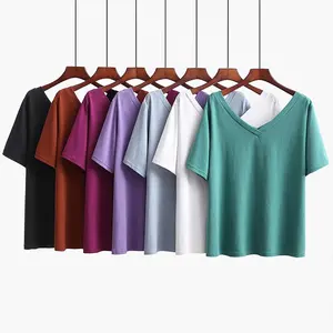 夏新ディープv襟半袖tシャツ200ジン追加脂肪の増加脂肪mmの大型サイズの女性の無地ベースtシャツ