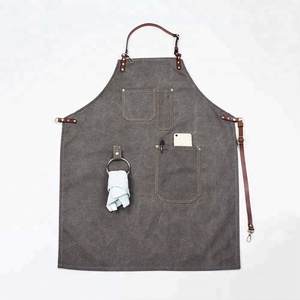 Restaurante <span class=keywords><strong>de</strong></span> moda personalizado delantal Denim con correas <span class=keywords><strong>de</strong></span> cuero - Product Image 3