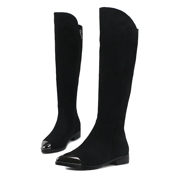 2018 Fashion metal toe lady boots cow suede flat thigh high women over knee long boots shoes