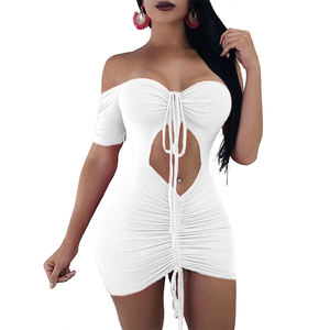 <span class=keywords><strong>Robe</strong></span> courte à épaules dénudées à manches courtes Sexy Clubwear Couleur unie Robes de soirée pour femmes Robes de boîte de nuit pour femmes - Product Image 5